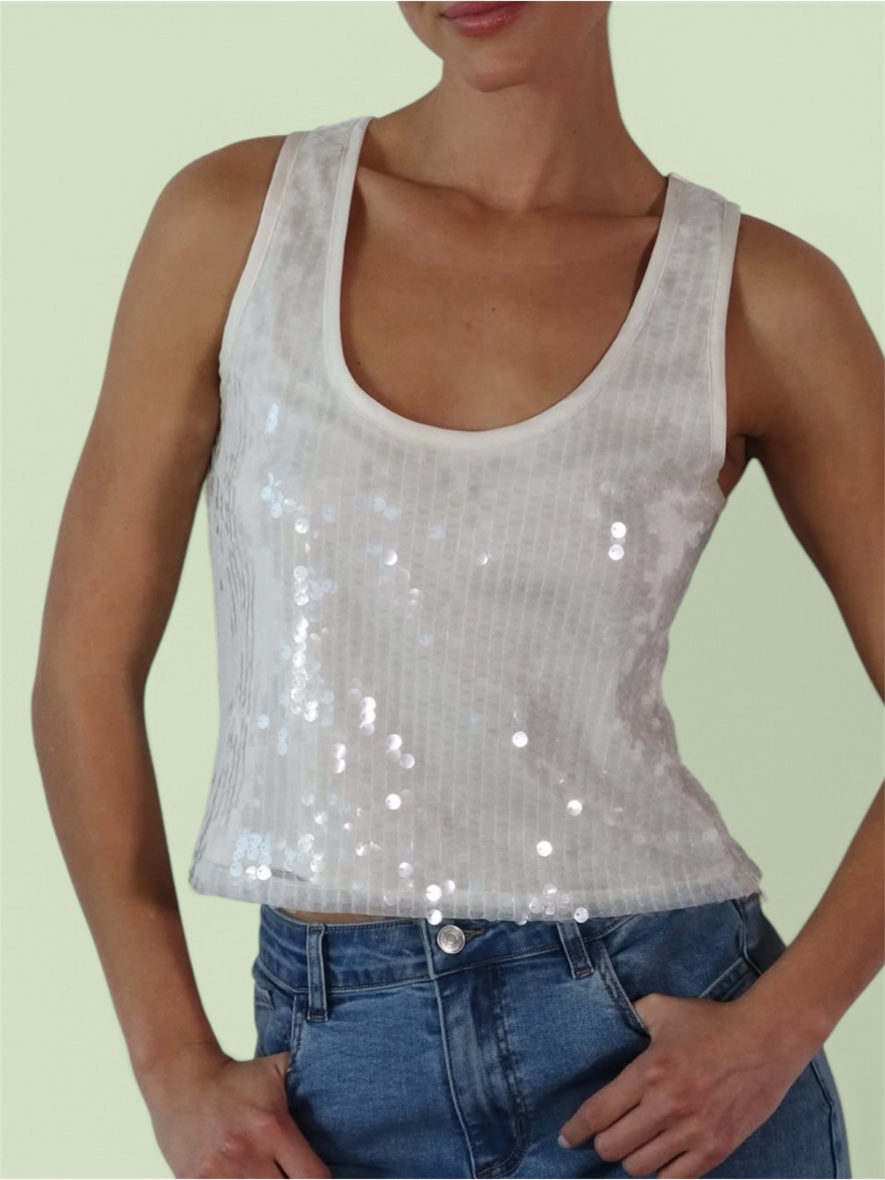 Noli White Sequin Scoop Neck Tank - Women's